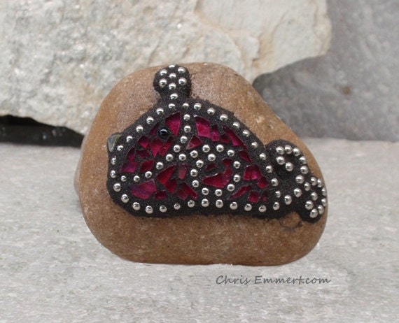 Deep Pink Whimsical Baby Bird  - Mosaic Rock Garden Stone / Paperweight