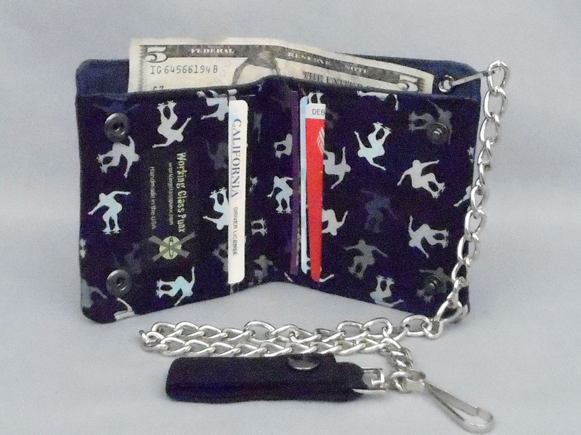 Vegan Chain Wallet with Skateboarder Graphics Navy Blue Canvas