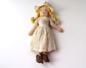 Vintage Dutch Doll Cloth Girl Doll with Braids Embroidered Face and Blue Flowered Dress