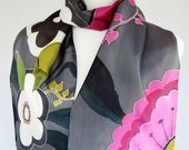 Silk Scarf Floral Fashion Hand Painted in Gray
