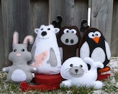 5 Arctic Stuffed Animal Hand Sewing PATTERNS - Make Your Own Hand-embroidered felt Polar Bear, Rabbit, Moose, Penguin, Seal - Easy