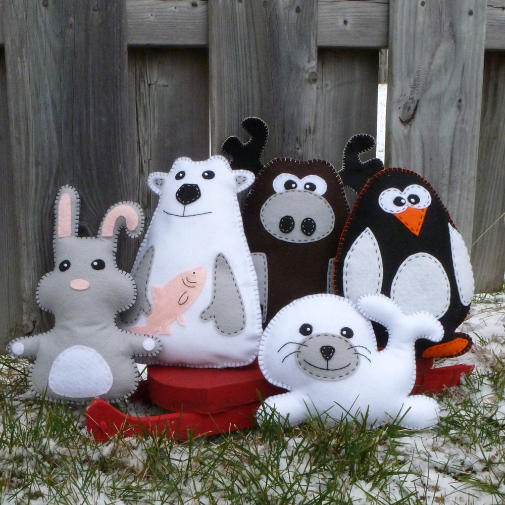 5 Arctic Stuffed Animal Hand Sewing PATTERNS - Make Your Own Hand-embroidered felt Polar Bear, Rabbit, Moose, Penguin, Seal - Easy