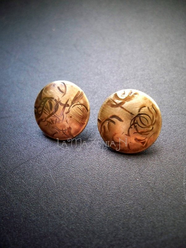 Brass textured circle post earrings - sterling silver ear posts - Metal jewelry by Lamazonian