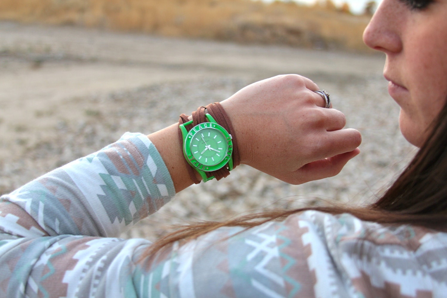 Brown Suede Bracelet Watch with Green Inspirational and Interchangeable Face