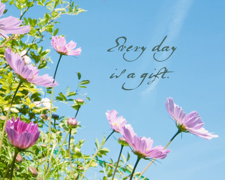 Gift of Inspiration - French Flower photo - Every Day is a Gift - Fine art photograph - Hope - sky blue, pink, green