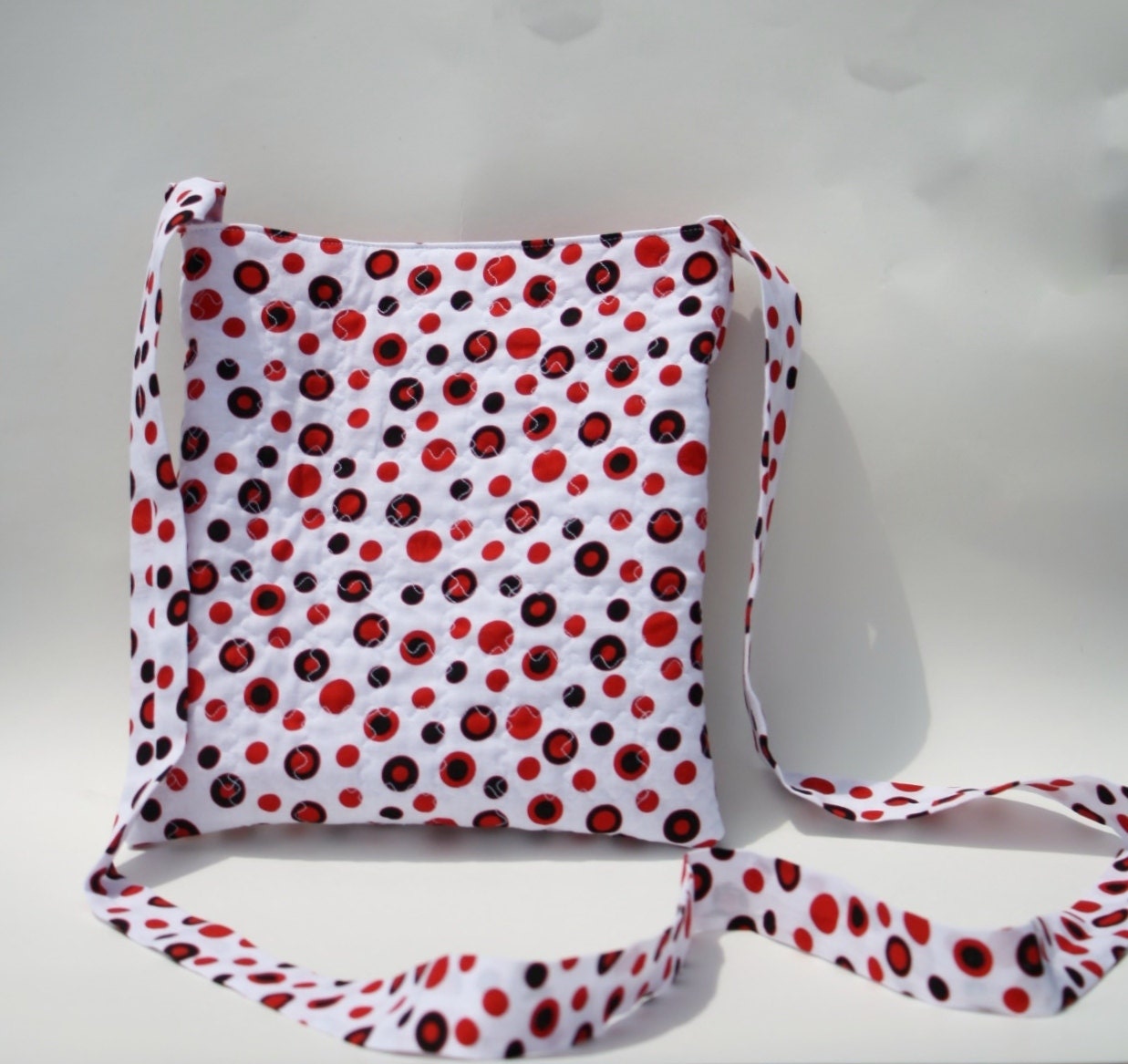 Women's Purse - Quilted Hip 2 Be Square Crossbody Purse in Red & Black Polka Dots on White - Women's Crossbody Pocketbook