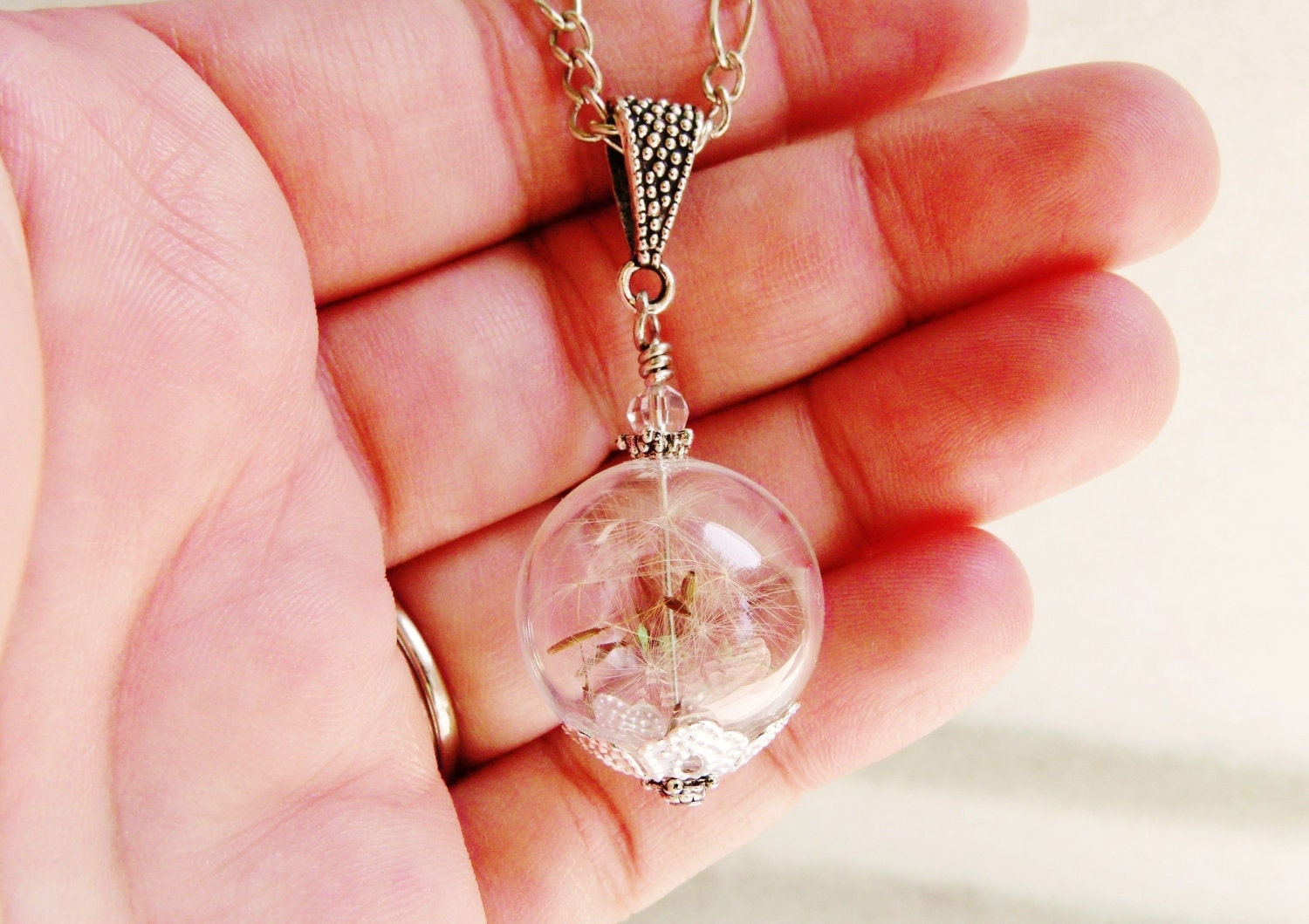 Real Dandelion Seed Glass Orb Necklace In Silver Small Orb