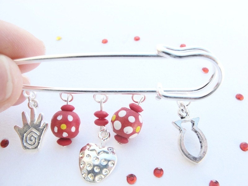 Baby Safety pin -Strawberry decorative lucky safety pin with pendants for babies-  yellow and red pin for baby girls, baby shower gift