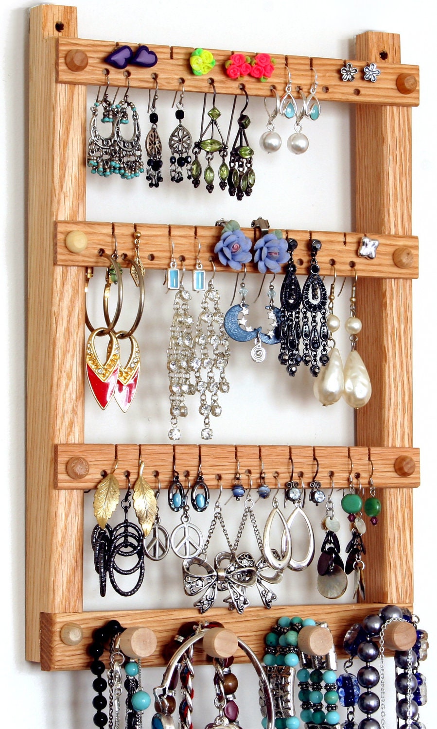 Earring Holder, Jewelry Organizer, Oak, Wood, Hanging, Necklace Organizer. Wall Mounted. 30 pairs, 4 pegs. Jewelry Display