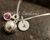 Sterling Silver Mini Initial Charm Necklace with Volleyball Charm and birthstone