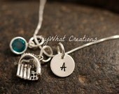Sterling Silver Mini Initial Charm Necklace with Baseball Glove Charm and birthstone