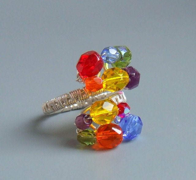 Rainbow ring, silver plated ring, multicolor ring, handmade adjustable jewelry