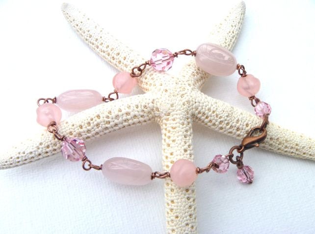 Pink Bracelet.  Wire Wrapped Bracelet. Swarovski Elements.  Vintage Beads.
