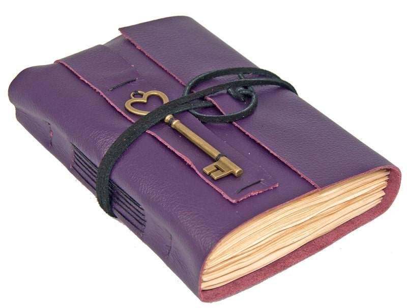 Purple Leather Journal with Tea Stained Pages - boundbyhand