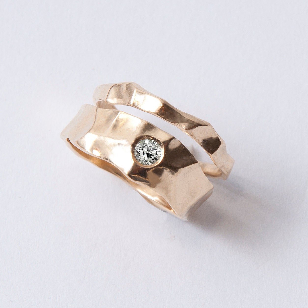 Wedding Ring Set - 14K Gold and Diamond engagement ring and a thin gold wedding ring, unisex ring, engagement ring, wedding band, mens ring