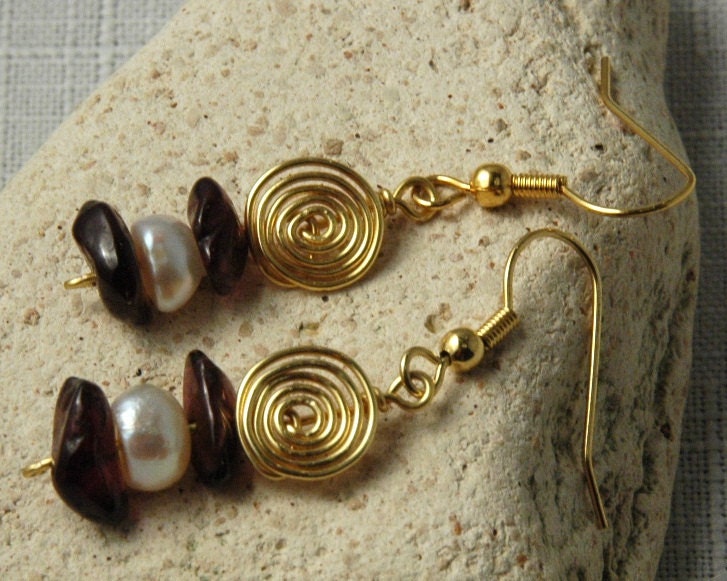 Garnet and pearl earrings, wire wrapped spiral, gold dipped silver plated wire, gold plated ear wires
