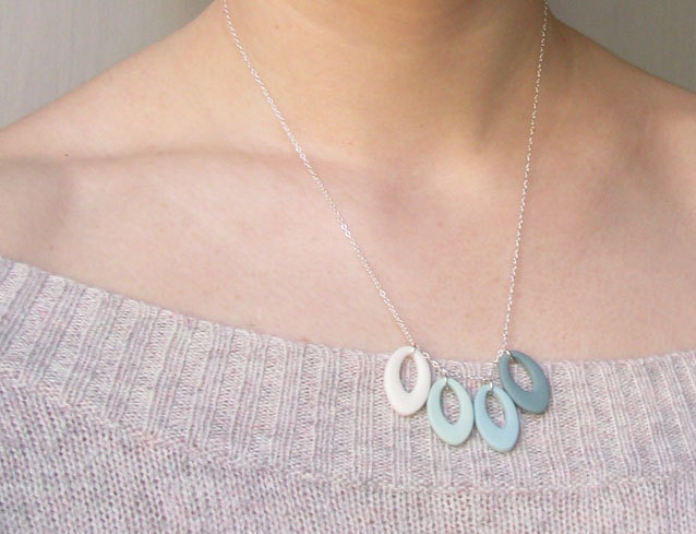 Ombre Jewelry - Transitioning Blues Porcelain Loops on Sterling Silver Necklace