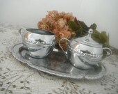 sugar and creamer set shabby chic serving set silver plate tray french country patina
