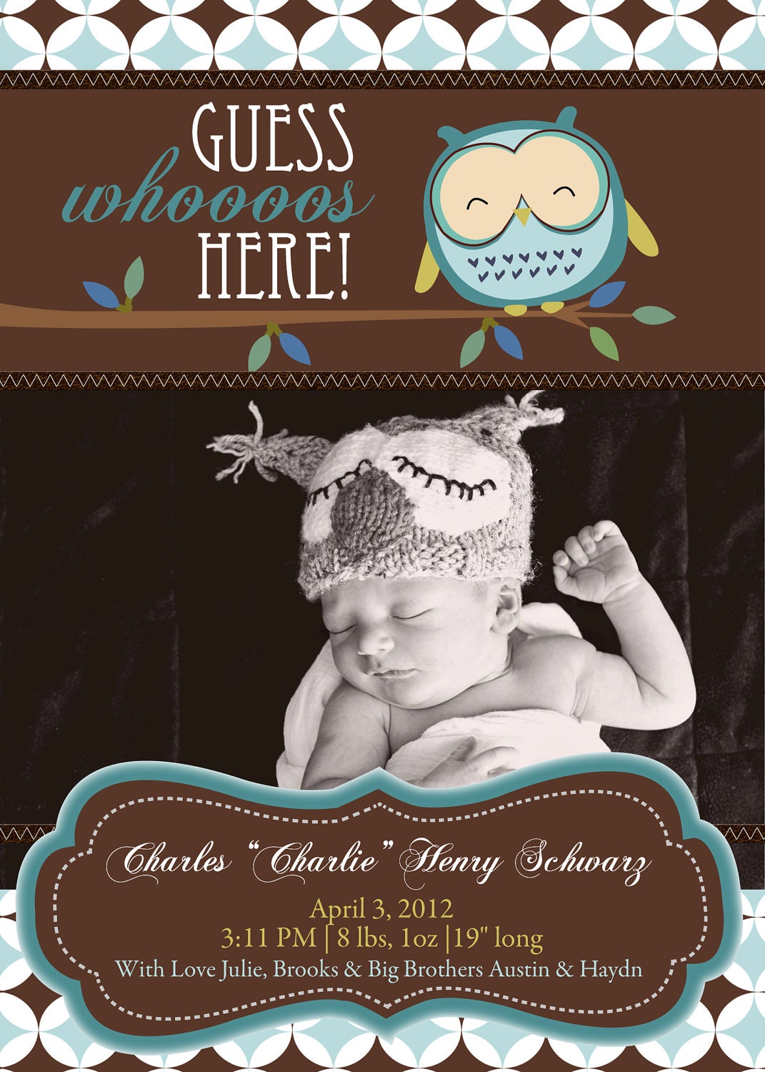 Cute Owl Birth Announcement-Digital File Only