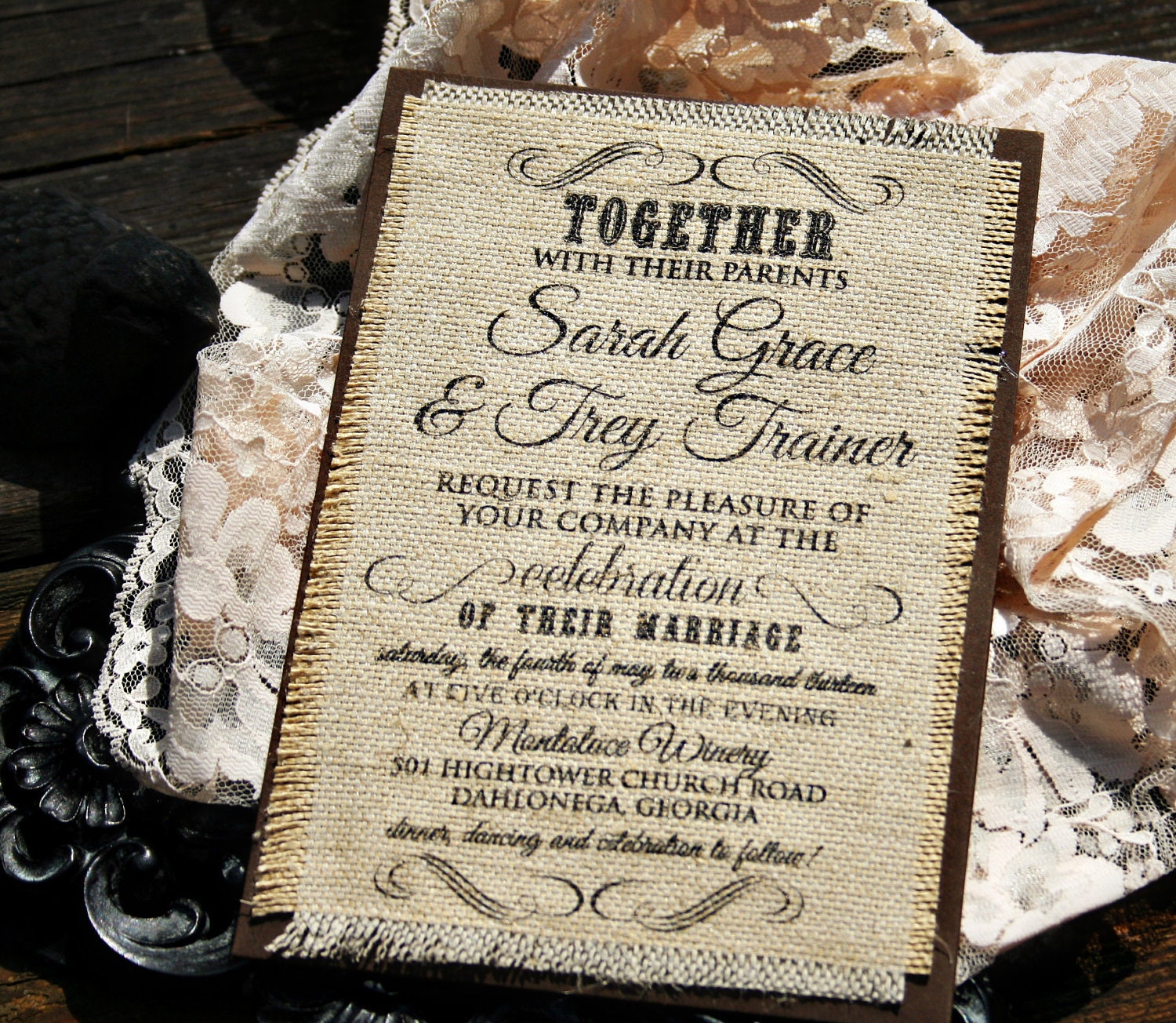 SAMPLE Shabby Chic Burlap Wedding Invitations