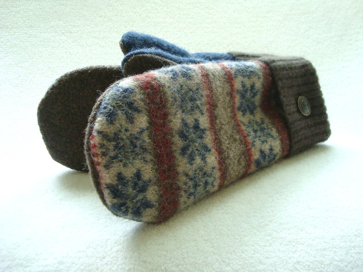 Felted Sweater Wool Mittens BROWN & BLUE Nordic Stars Cashmere Lined