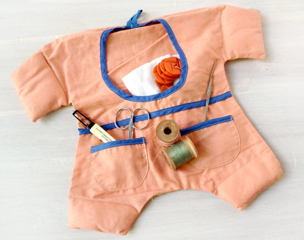 Vintage sewing bag and pincushion baby romper, baby clothes, doll outfit, pink peach and royal blue, handmade, sewing supplies, 1940s