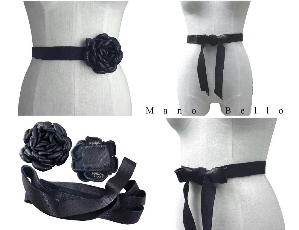 Black Soft Leather Flower Convertible BeltBridal Sash Slide Off Flower on Belt Strap, 2 Belts in One S, M, L,  custom Wedding Dress Belt