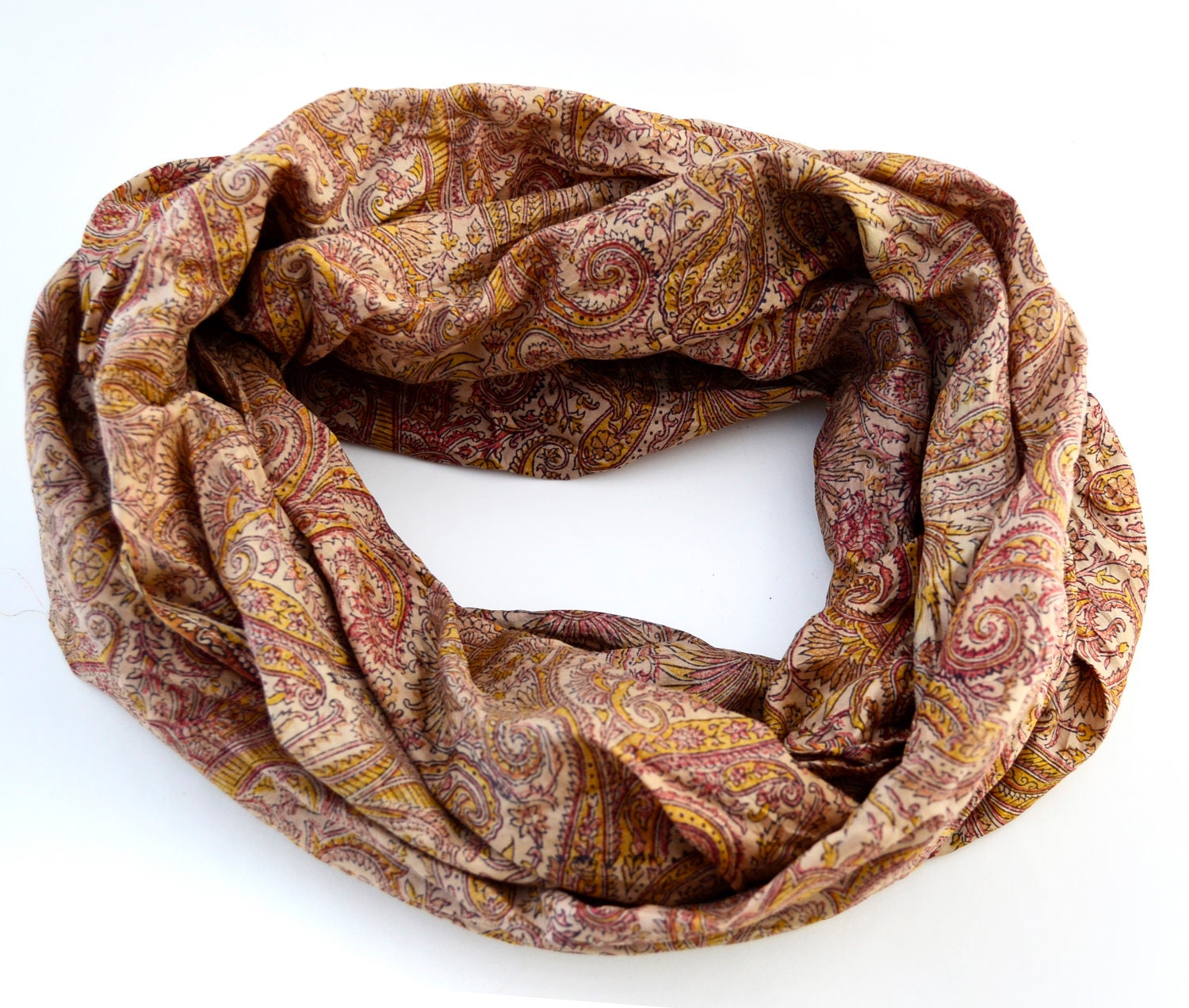 Paisley Infinity Scarf, circle, loop, in recycled sari  silk, handmade with love, circular scarf, Woman  accesories ti
