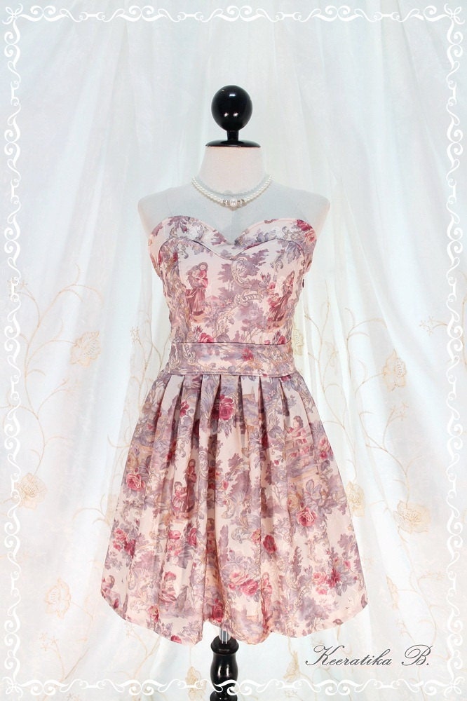 A Lovely Queen - Strapless Classic Cocktail Dress Light Cream Playful Floral Girls Print Giant Bow Party Night Prom Wedding Bridesmaid