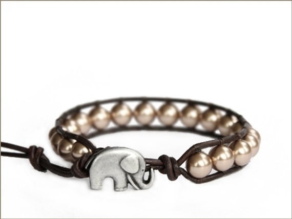 the lucky elephant Beaded Leather Wrap Bracelet - Brown Leather & Bronze Swarovski Crystal Pearl with GOOD LUCK ELEPHANT