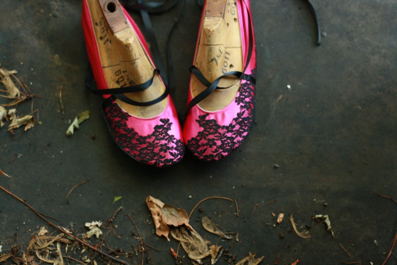 Round Toe Hot Pink Satin Slippers with Lace Cutout and Outdoor Rubber Soles