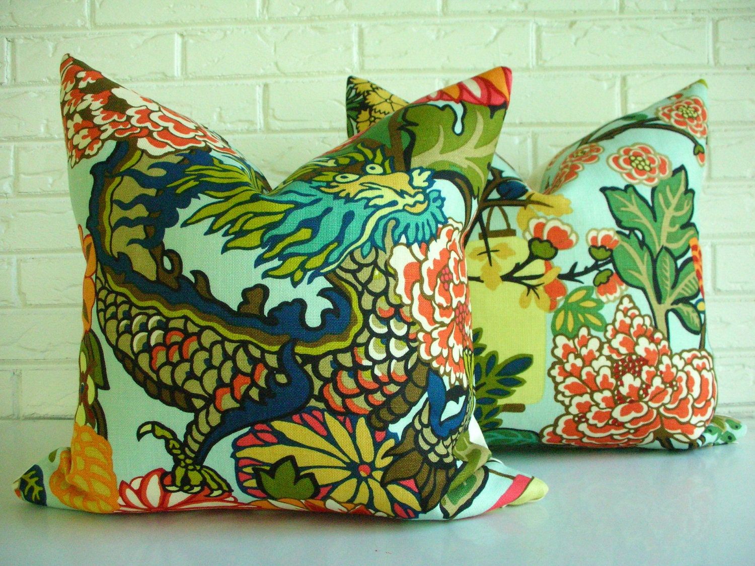 PAIR of Schumacher Chiang Mai Dragon Decorative Throw Pillow Covers - Aquamarine Alabaster Colorful - Hollywood Regency Chinoiserie