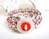 Button Bracelet - school spirit - red and white - for girls, teens, and women - eco-friendly/recycled jewelry - under 10.00