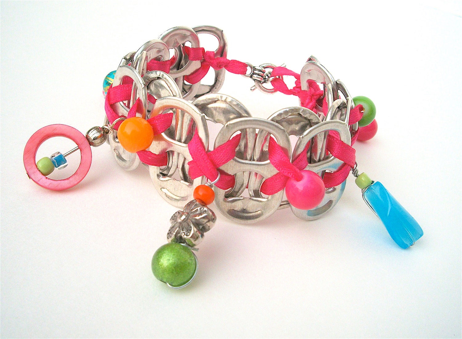 Hand-wired Soda Tab Bracelet - Deja Vu - hot pink, green, orange, turquoise - 7 1/2 inches - eco-friendly/upcycled jewelry - Under 20.00