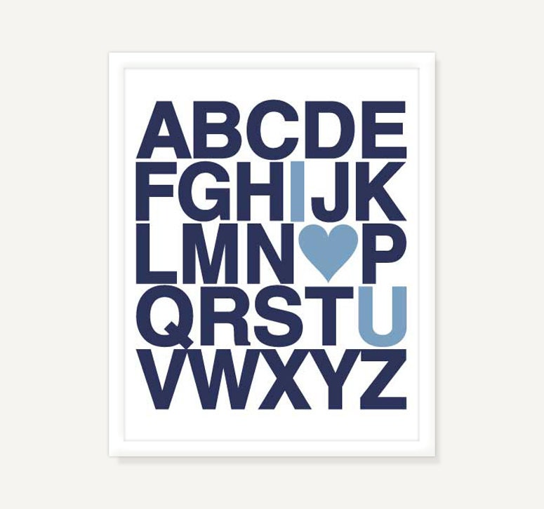 Nursery Decor Alphabet Poster - Personalized Children Baby Boy Typography Print Navy Blue w Heart - 11x14 Digital Print Poster