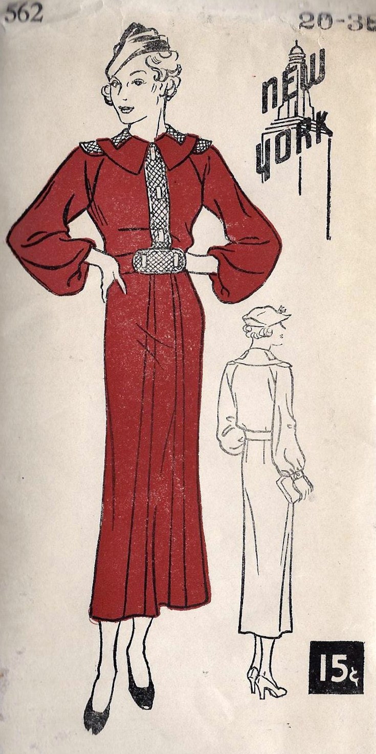 1930's Misses One Piece Dress Vintage Sewing Pattern, New York 562bust 38"