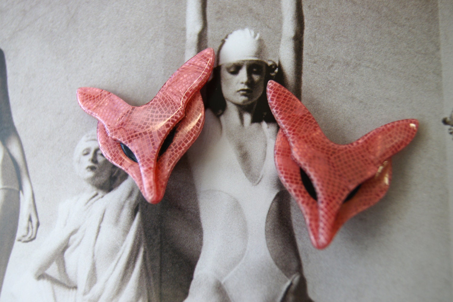 Coral fox head earrings by Lea Stein, Paris