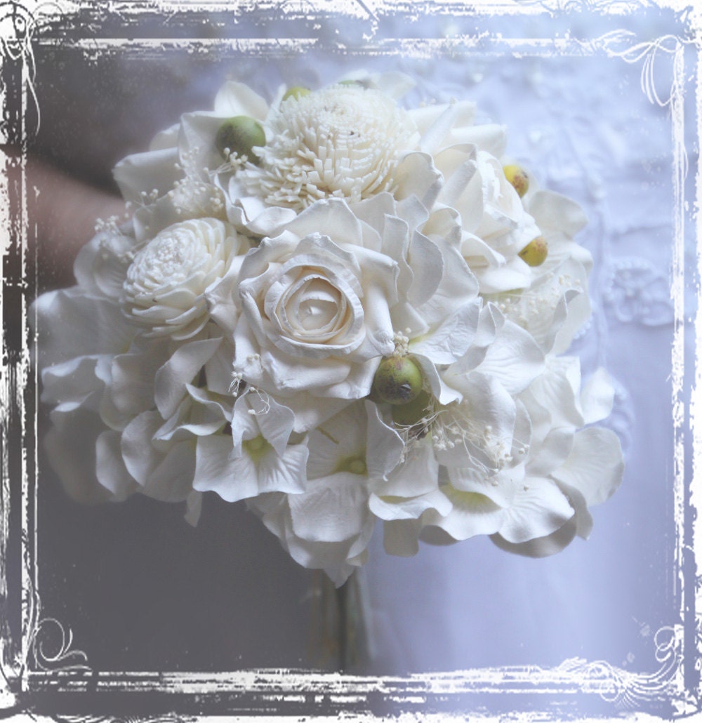 Cotton And Berries Bouquet - Bridesmaid Wedding Flowers - Accessories - Cotton Bolls - Country Weddings, Fabric Flowers Winter White