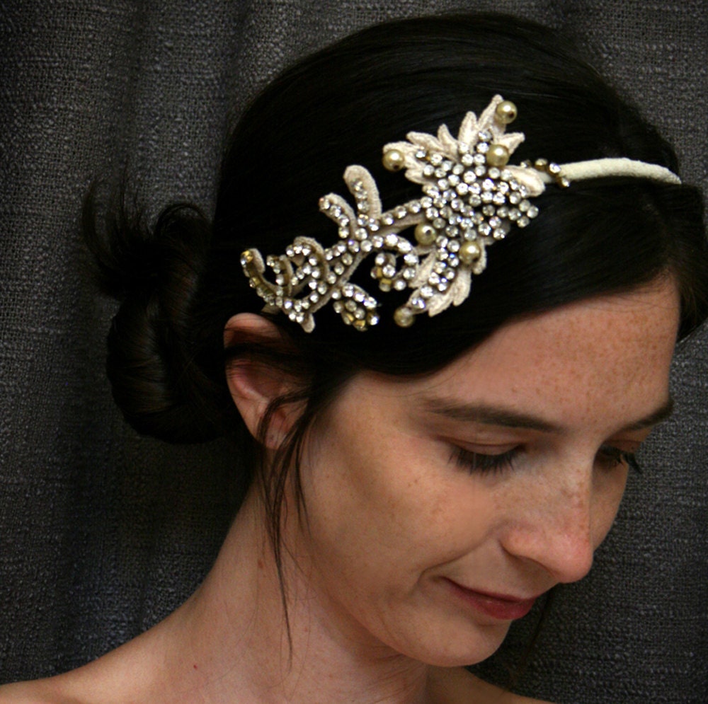 bridal headpiece, rhinestones, lace headband - Style 102- made to order