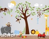 Children Wall Decal Wall Sticker tree decal  - Monkeys on the Tree with Giraffes, Elephants, Lion and Birds - PLMG050