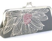 Flower Clutch Grey and White Purse Metal Frame Handbag Evening Bag Floral Purse