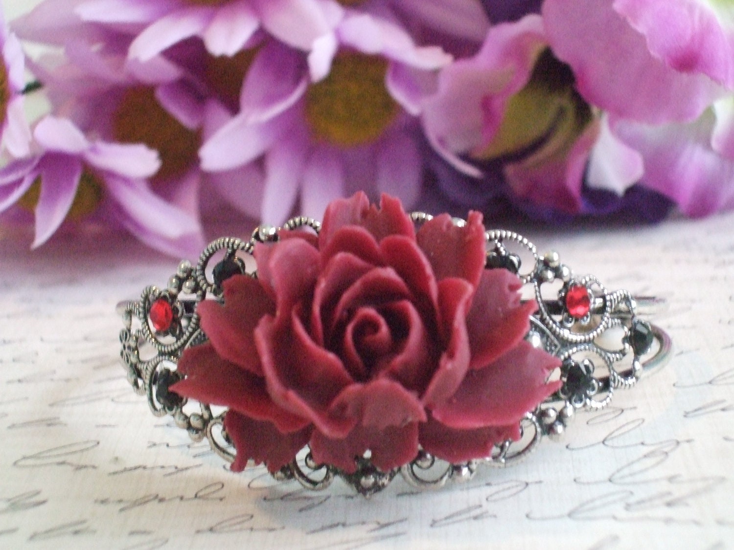 Merlot Burgundy Rose Filigree Bracelet
