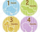 Monthly Onesie Stickers - Carter - Safari Animals, Blue Elephant, Green Alligator, Tan Giraffe, Purple Hippo, Brown Lion, Brown Monkey