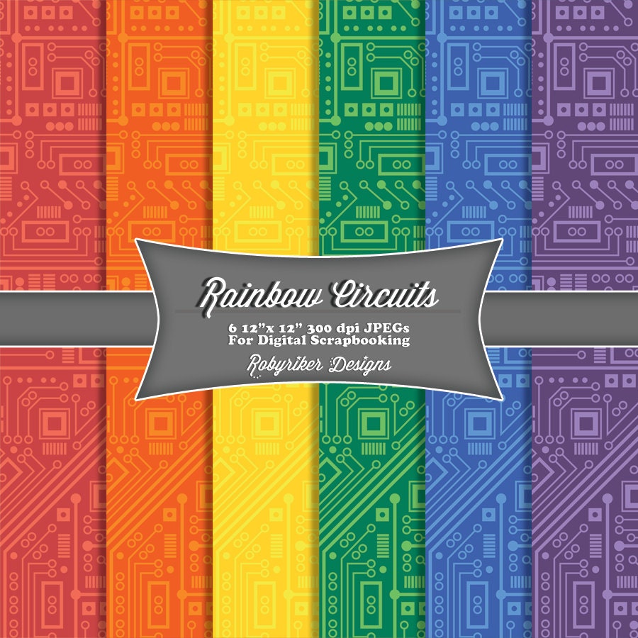 Rainbow Circuit Board Robot Digital Scrapbook Paper 6 Pack