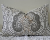 Kravet Latika Ikat/Paisley Print in Limestone - 13 x 20 Decorative Designer Lumbar Pillow Cover - Grey, Beige and White