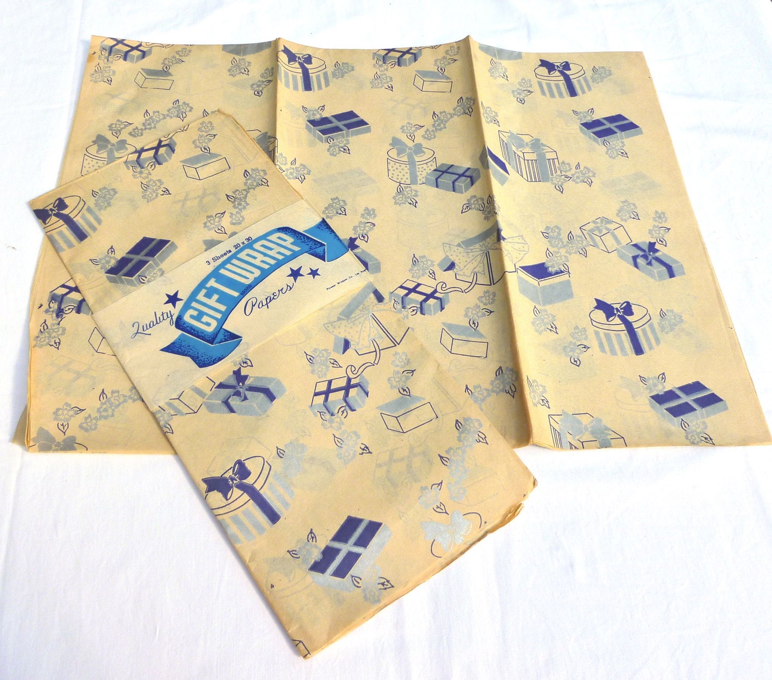 Vintage Wrapping Paper - Silver and Navy Blue Birthday Wrap - Boxes with Ribbons - 2 Unused Packages