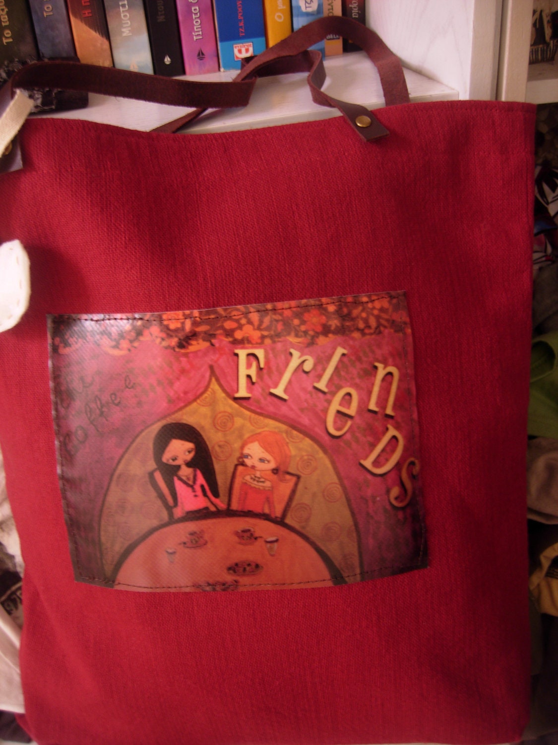 The Coffee Friends- dark red big cotton/hemp, art bag with a waterproof fabric art print on by a Pink Dreamer