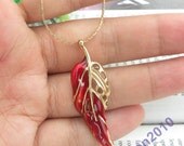 Petty retro gold red tree leaf or feather shape necklace pendant vintage style