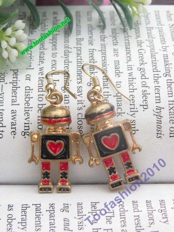 Pretty retro gold colorful robot with red heart earrings pendant vintage style