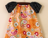 Peasant Dress Hot PInk birds with black polka dot trim Size 9-12 months